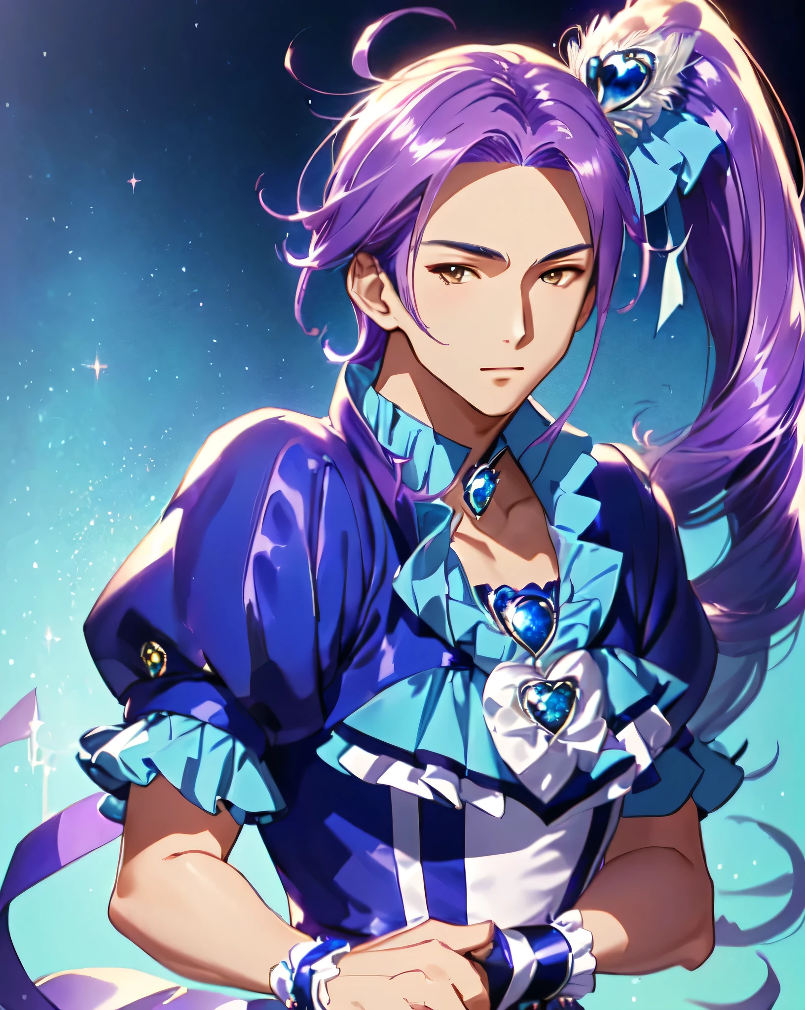 Close-up of a boy wearing a purple and blue one-piece dress with a brooch、Official artwork、He has long cyan-purple hair、Boy with long purple hair、Yellow eyed boy、One-sided up-up hair、Long legs、solo、Blue layered ruffle mini skirt、Blue thigh-high boots、Blue heel boots、Puffy, round sleeves、Purple Arm Warmer、Cool Magic Boy、Official character art、Splash art anime、style of Magic Boy、Full body close-up、Official Fan Art、Anime Moe Art Style、Happy!!!、!!Full body portrait!!、Official character illustration、sparkling Magic Boy、Heavenly Aura、Sapphire Prince、Hymn to the King as a Prince、Magic Boy、portrait of Magic Boy、Cowboy Shot、Blue&#39;s iconic character、perfect costume、perfect body、perfect hands、perfect arms、perfect legale body:1.3)、
