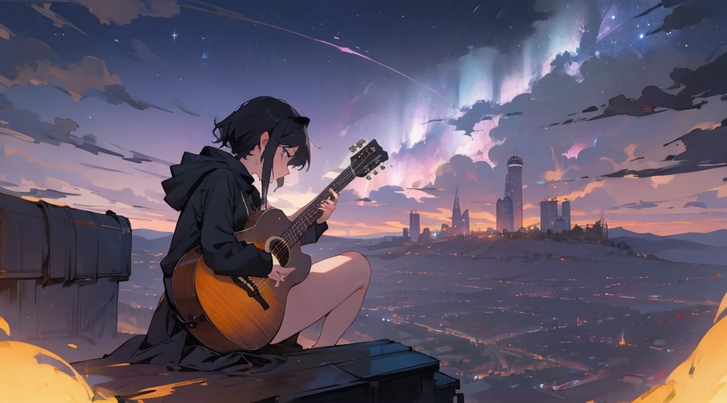 masterpiece,night,(dark alley),star、Night Sky、Overlooking the city、milky way、octone、
(1 girl), (solo), Knee hugging sitting，acousticguitar