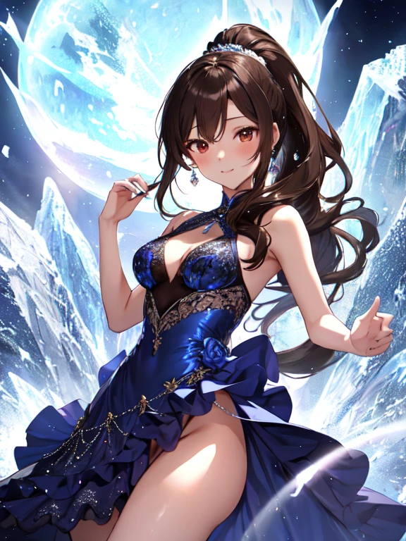 Evening Dresses, Ballroom dancing, The background is a world of ice, cute, beautiful, she, cute顔:1.5, Petite:1.5, , Long Hair:1.5, ponytail, Brown Hair, Small breasts, uhd, retina, masterpiece, ccurate, anatomically correct, textured skin, super detail, high details, high quality, best quality, highres, 4K