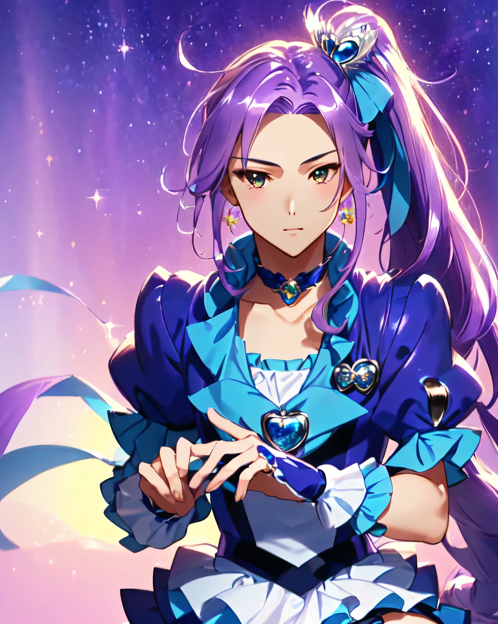 Close-up of a boy wearing a purple and blue one-piece dress with a brooch、Official artwork、He has long cyan-purple hair、Boy with long purple hair、Yellow eyed boy、One-sided up-up hair、Long legs、solo、Blue layered ruffle mini skirt、Blue thigh-high boots、Blue heel boots、Puffy, round sleeves、Purple Arm Warmer、Cool Magic Boy、Official character art、Splash art anime、style of Magic Boy、Full body close-up、Official Fan Art、Anime Moe Art Style、Happy!!!、!!Full body portrait!!、Official character illustration、sparkling Magic Boy、Heavenly Aura、Sapphire Prince、Hymn to the King as a Prince、Magic Boy、portrait of Magic Boy、Cowboy Shot、Blue&#39;s iconic character、perfect costume、perfect body、perfect hands、perfect arms、perfect legs、(strong male body:1.3)、
