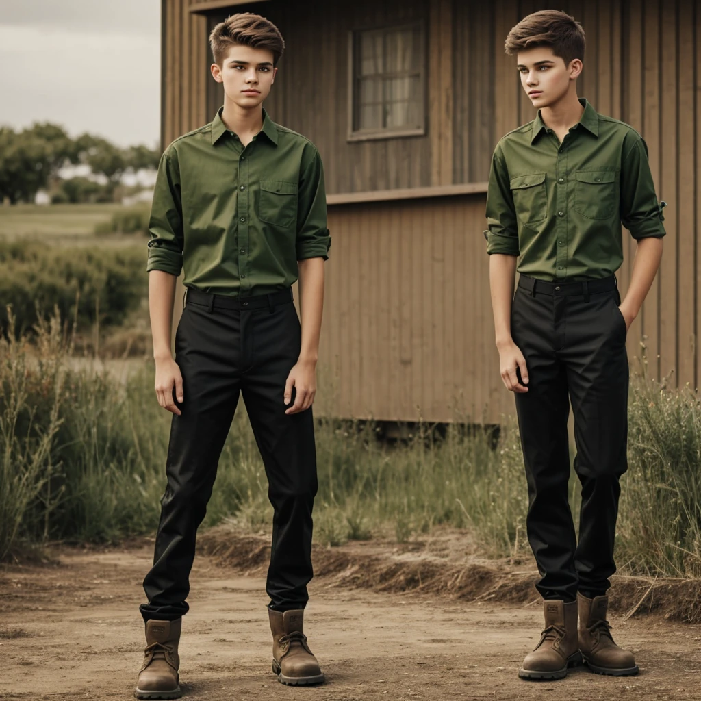 Guy 16 years old, standing tall, dressed in a green shirt, black pants, work boots, realistic 