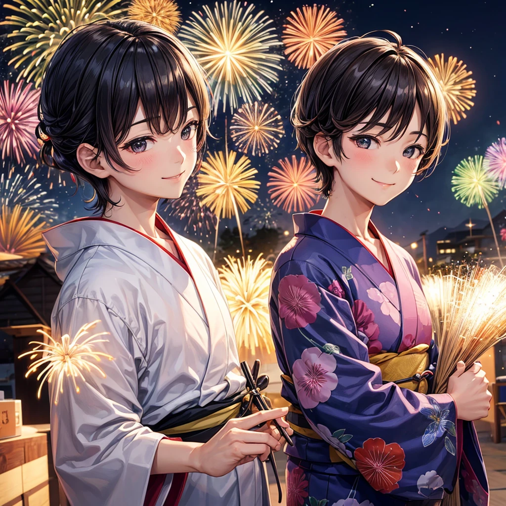Man in yukata、Fireworks Background、looking at the camera、smile