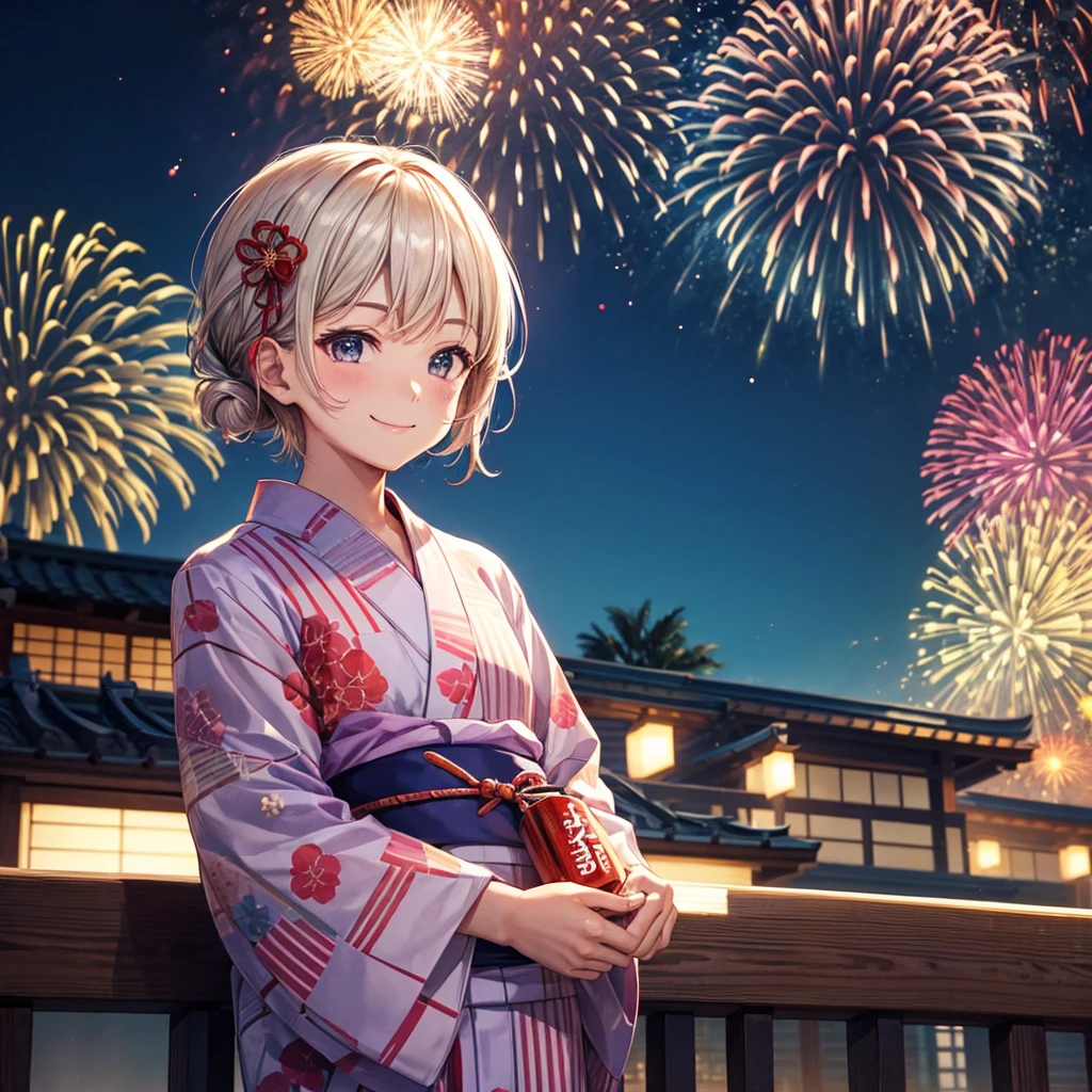 Man in yukata、Fireworks Background、looking at the camera、smile