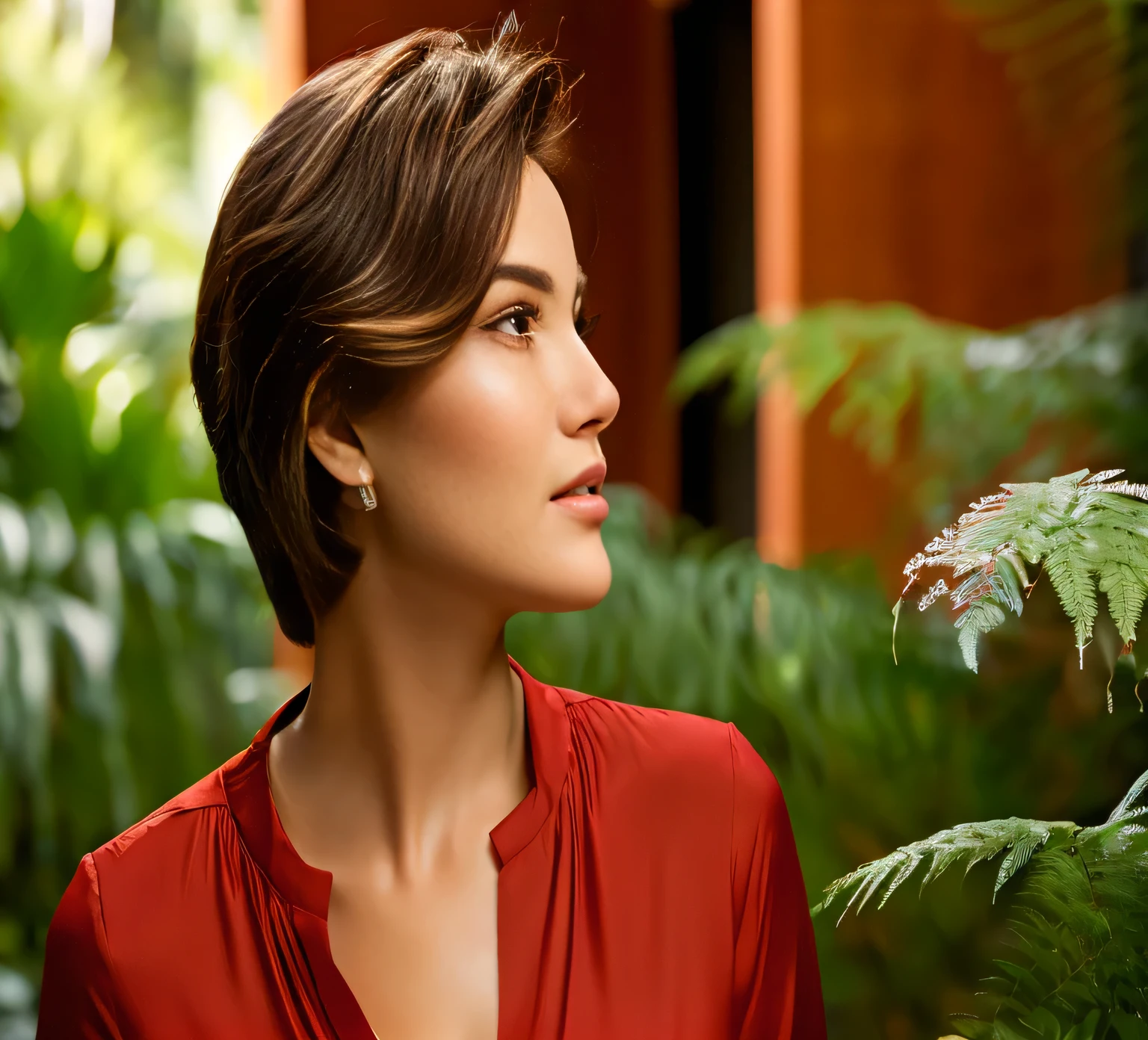 woman in red shirt looking up at a fern in a garden, elegant profile posing, side portrait imagery, elegant profile pose, side profile portrait, beauty shot, side profile centered portrait, profile posing, portrait shot, profile portrait, stunning elegant pose, side profile shot, detailed portrait shot, side profile waist up portrait, short slicked - back hair, profile pose
