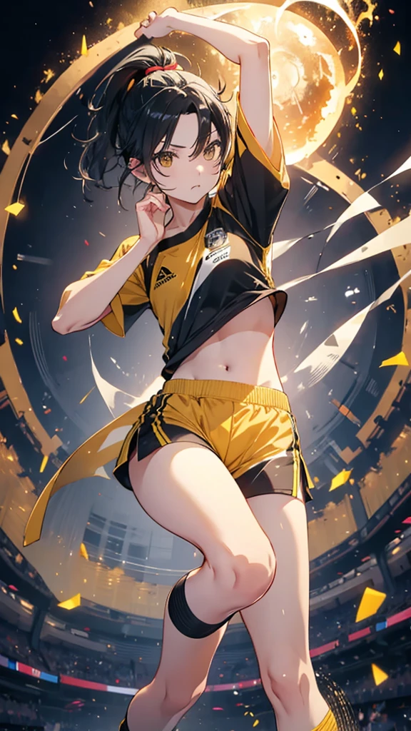 Yellow and black shorts and jersey、Black hair ponytail、boyish、Aliang々Wood Fire、Round kick
