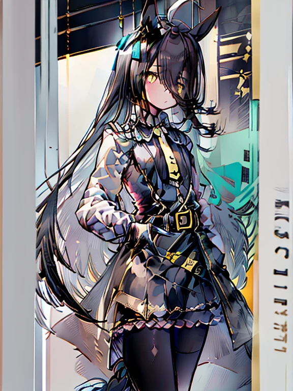 ((masterpiece)), ((best quality)), (solo), Manhattan Cafe, Manhattan Cafe (racing wear),, white ahoge, (long black hair), long black bangs between the eyes,,, black horse ears, horse tail, yellow eyes with no highlights, (((flat chest))), ((black long coat)), ((black shirt)), ((black pantyhose)), ((black skirt)), black gloves, ((yellow tie)), belt,