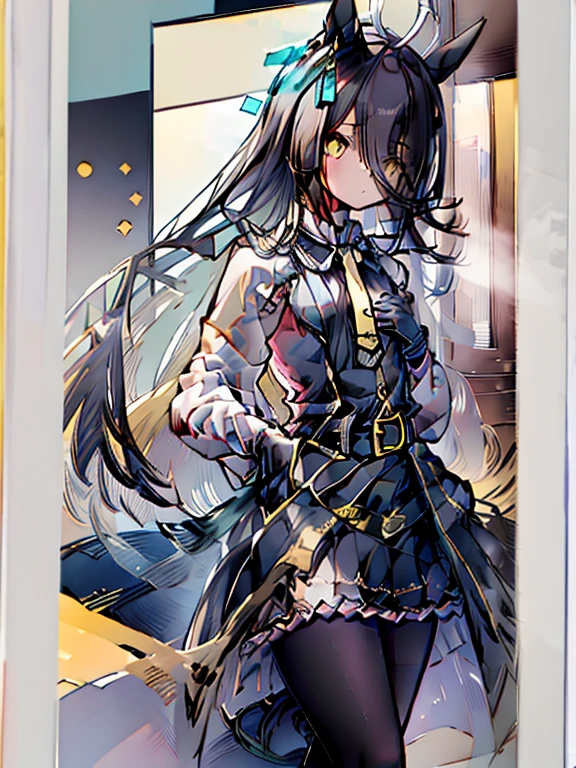 ((masterpiece)), ((best quality)), (solo), Manhattan Cafe, Manhattan Cafe (racing wear),, white ahoge, (long black hair), long black bangs between the eyes,,, black horse ears, horse tail, yellow eyes with no highlights, (((flat chest))), ((black long coat)), ((black shirt)), ((black pantyhose)), ((black skirt)), black gloves, ((yellow tie)), belt,