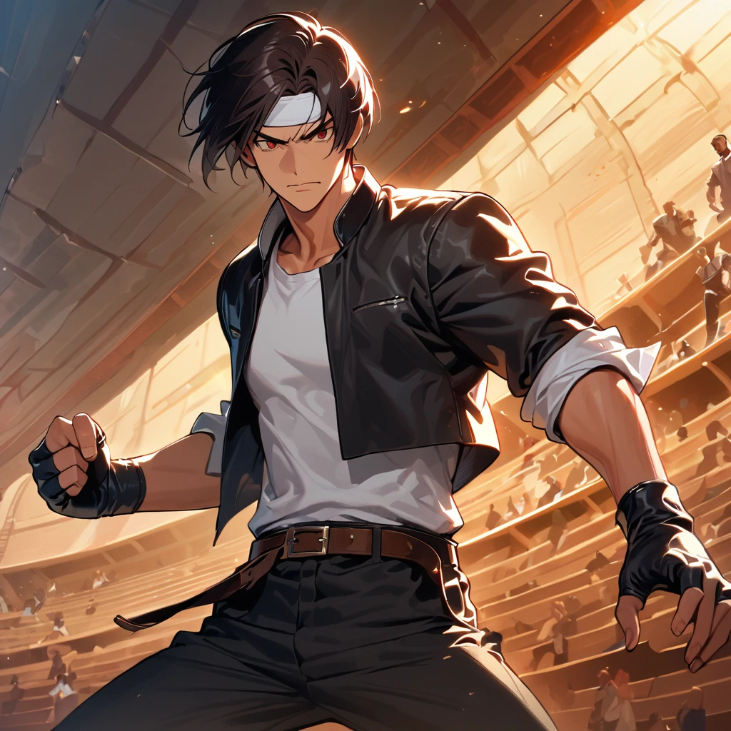 Masterpiece, 2 People, Final, One on One, Best Quality, 8K, Full Hand Portrait, Fighting Pose, Fighting Scene: 1. 5,(kyo kusanagi), Man has dark skin, red eyes, alone, ((white headband)) two shot, black jacket (rolled up arms), fingerless gloves, dark hair, white T-shirt, black pants, white shoes, brown belt, boyish, handsome, shot, charming, masterpiece, high resolution, detailed face, grainy, morning, confident serious expression, man and woman fighting against background of amphitheater in Arles, loud cheers, same hair, same hair and clothes, angry face: 1. attack speed 5, fast attack, 2. Angry face, Angry face