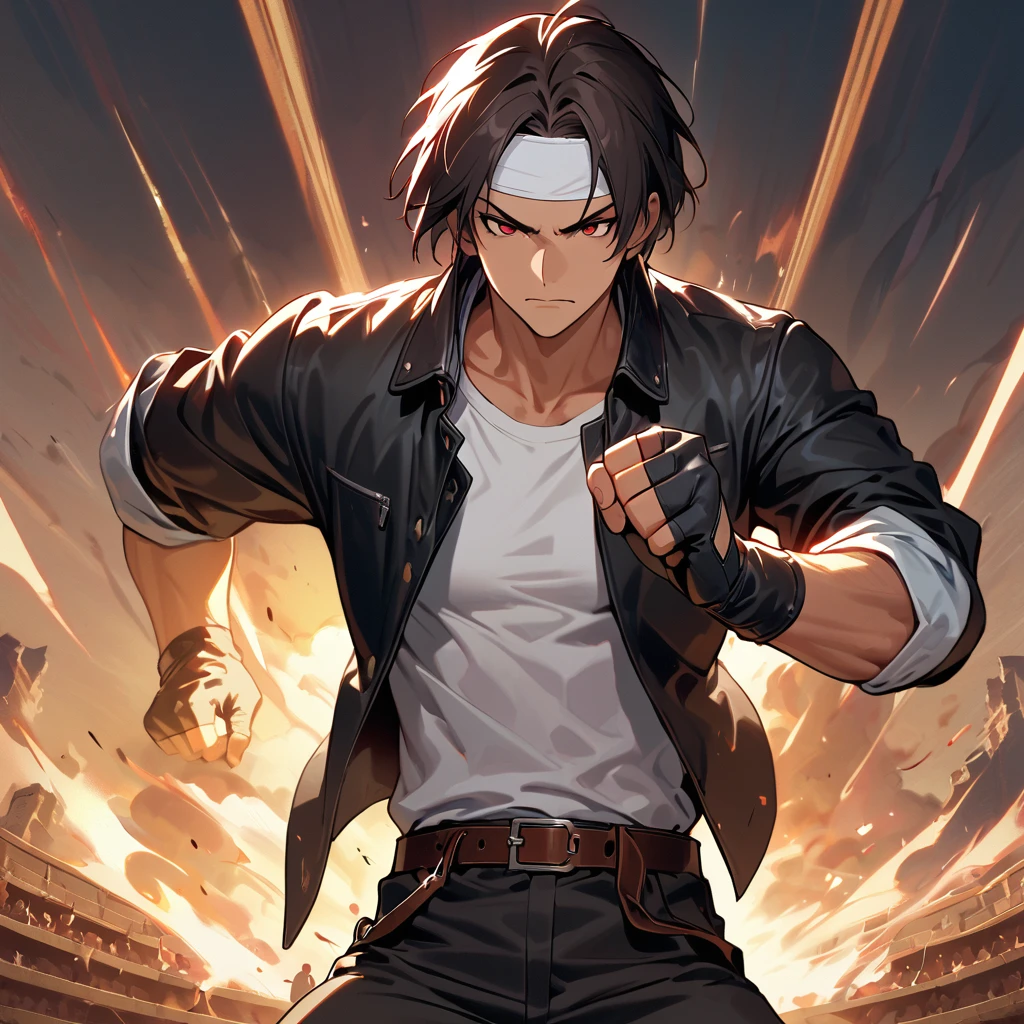 Masterpiece, 2 People, Final, One on One, Best Quality, 8K, Full Hand Portrait, Fighting Pose, Fighting Scene: 1. 5,(kyo kusanagi), Man has dark skin, red eyes, alone, ((white headband)) two shot, black jacket (rolled up arms), fingerless gloves, dark hair, white T-shirt, black pants, white shoes, brown belt, boyish, handsome, shot, charming, masterpiece, high resolution, detailed face, grainy, morning, confident serious expression, man and woman fighting against background of amphitheater in Arles, loud cheers, same hair, same hair and clothes, angry face: 1. attack speed 5, fast attack, 2. Angry face, Angry face