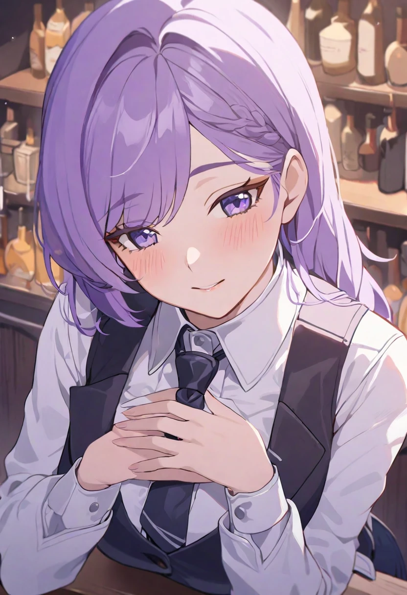 1 Girl, Solitary, Bangs, blush, Place your hands on your chest, Jill Stingley, Long sleeve, Looking at the audience, Purple Hair, Medium breasts, tie, shirt, Solitary, Upper Body, Vest,  Bartender, Vest, white shirt,