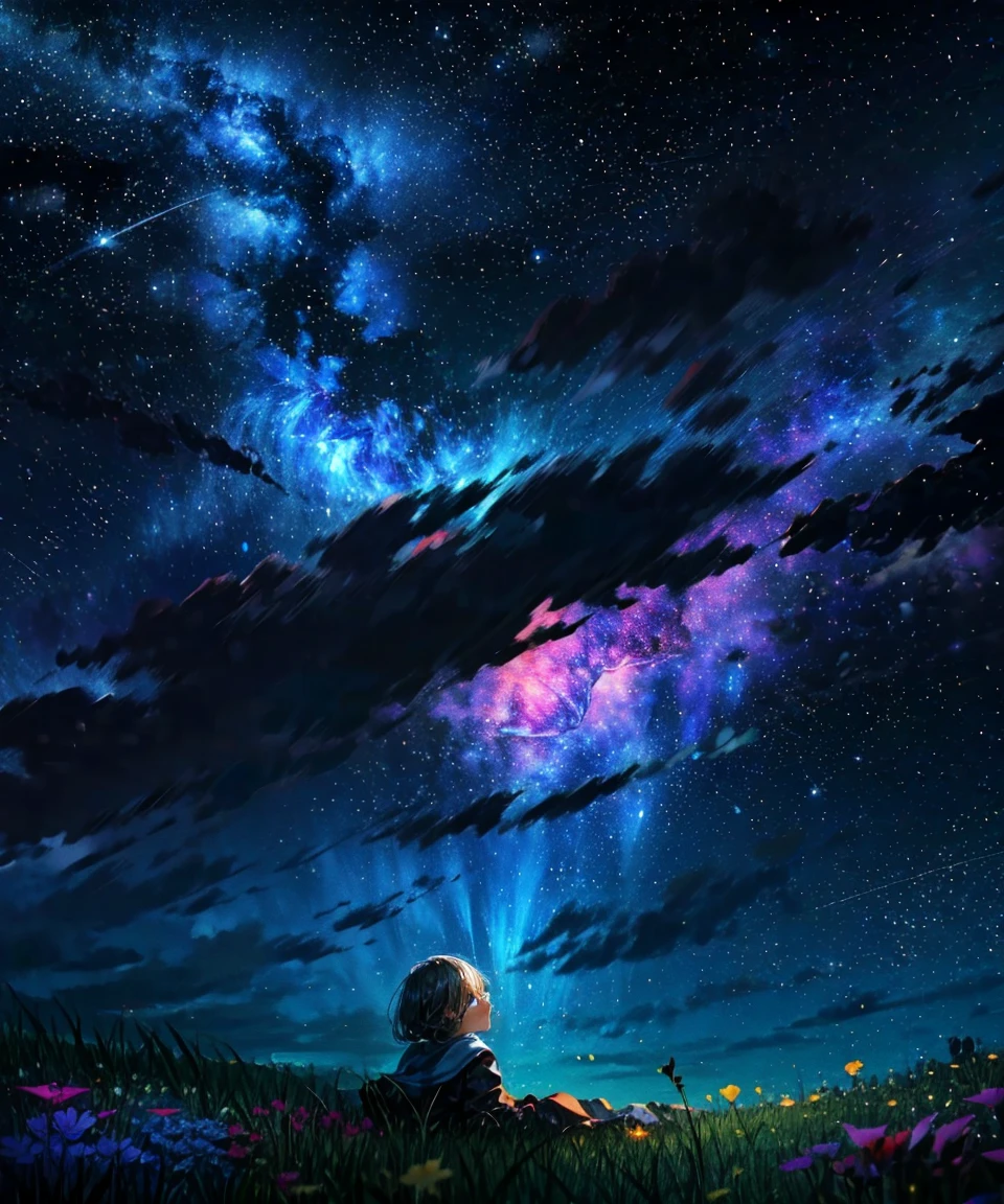 Describe a scene in which a cute girl character is lying on a grassy hill, Look up at the starry sky. Surround her with colorful nebulae and her favorite constellations.