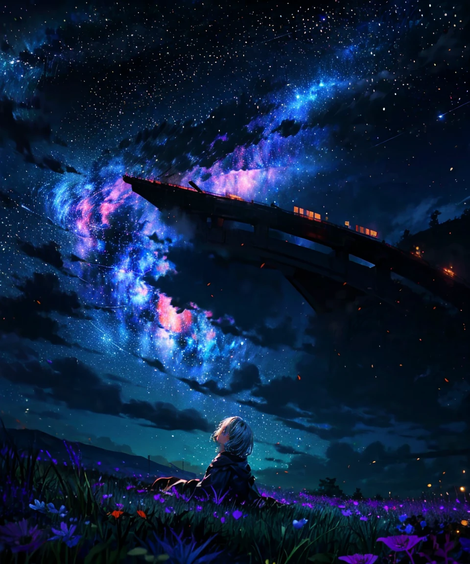 Describe a scene in which a cute girl character is lying on a grassy hill, Look up at the starry sky. Surround her with colorful nebulae and her favorite constellations.