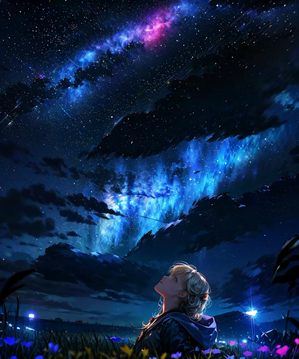Describe a scene in which a cute girl character is lying on a grassy hill, Look up at the starry sky. Surround her with colorful nebulae and her favorite constellations.