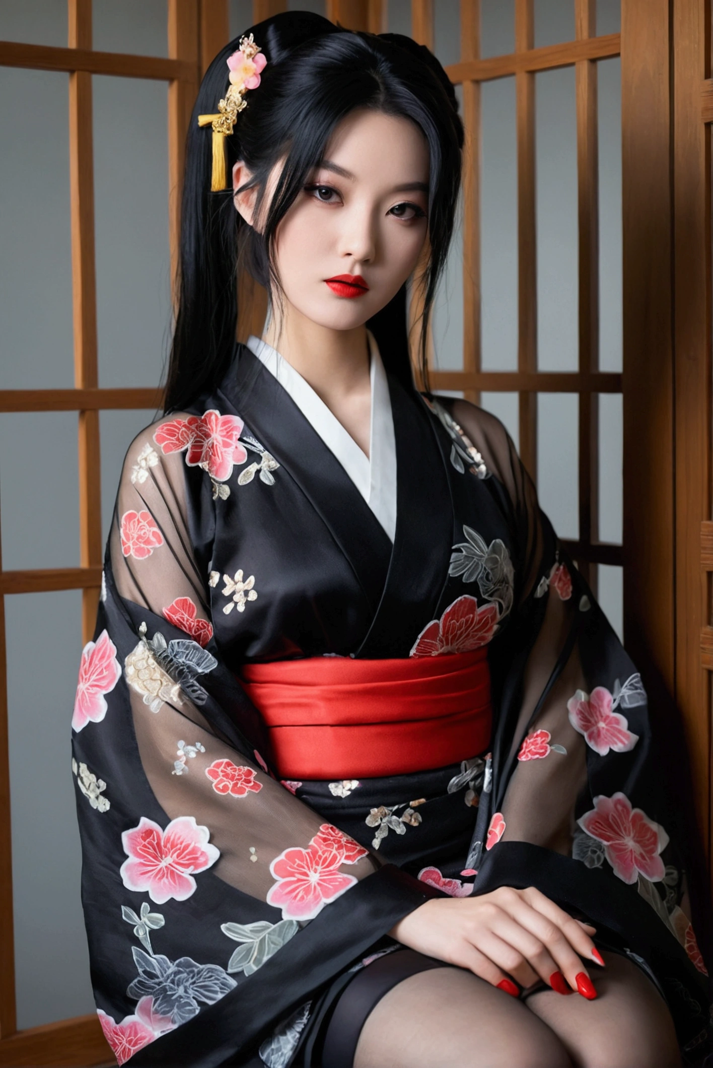 black hair, , Upper body, kimono, kimono, sash, compensate, lipstick, red nails, ,silk stockings ,　See-through hakama， ，ankle　,See-Through,, black nylon , silk stockings ,See-through、Plain,sheer ,enamel ,long hair