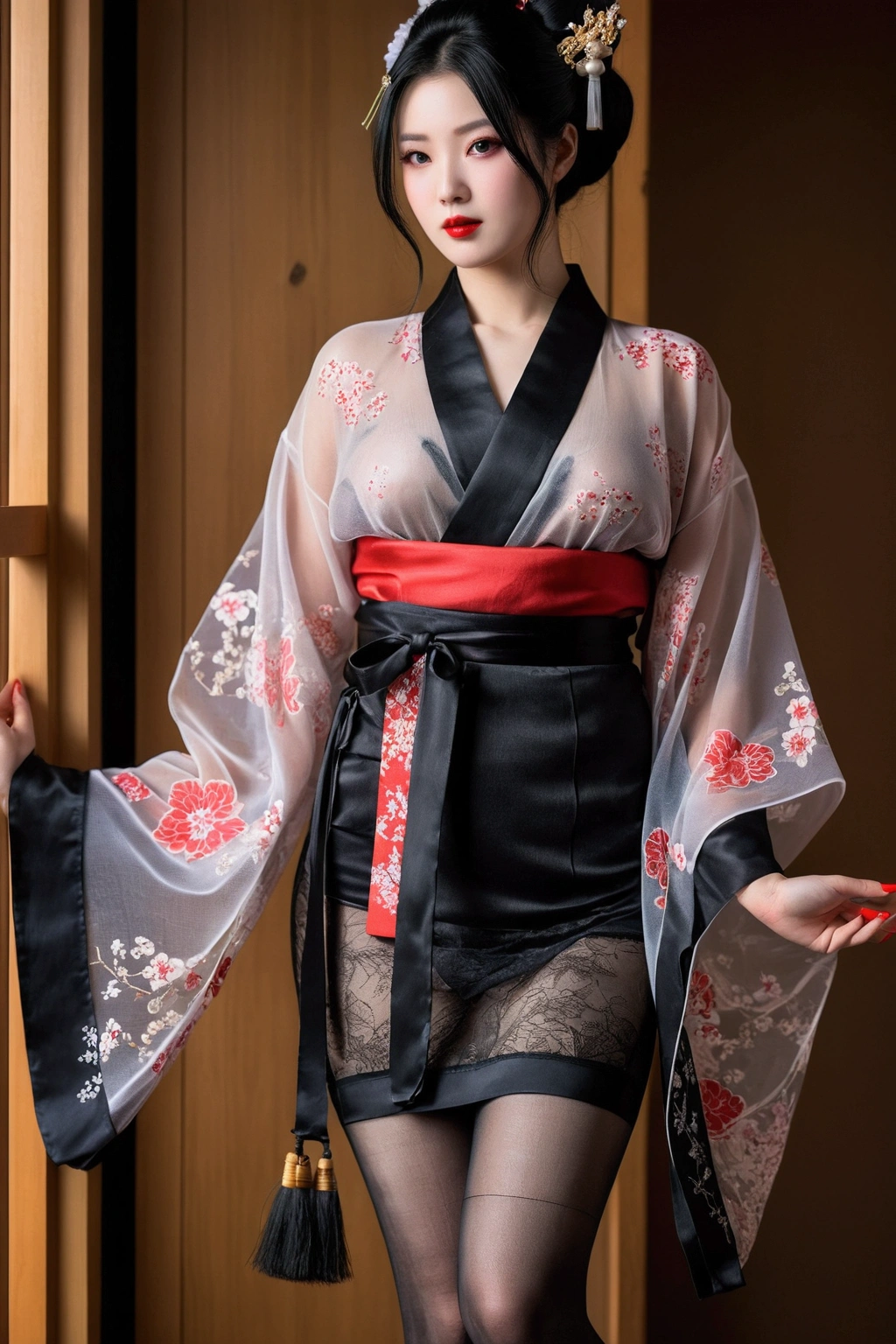 black hair, , Upper body, kimono, kimono, sash, compensate, lipstick, red nails, ,silk stockings , See-through hakama, ,ankle ,See-Through,, black nylon , silk stockings ,See-through、Plain,sheer ,enamel ,long hair
