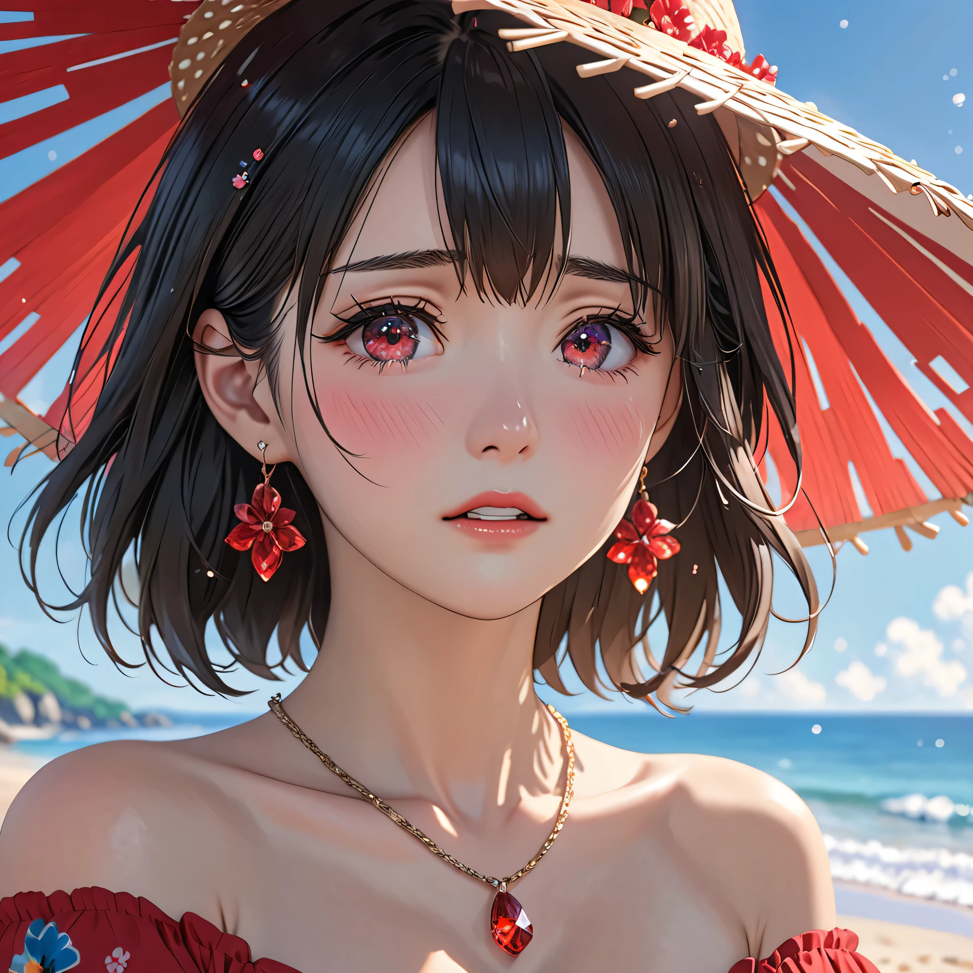 National Science Foundation,masterpiece,High resolution,8k,Art,digit,Three-dimensional,Realism,Kyoto Animation Style,your name movie style,looking into camera,cute,On the scenic beach,(1 girl: 1.3),(alone: 1.4),(Colorful floral off-the-shoulder dress),Put your hands behind your head,Black Rose Summer Sunshade Straw Hat,Red crystal necklace,red crystal earrings,Black hair,Long eyelashes,Slender legs,Short Bob,Close-up of upper body,Close-up,(A Closer Look),Eyes as deep as the starry sky,shy,blush,pain,sad,sad,cry,Tears,open mouth