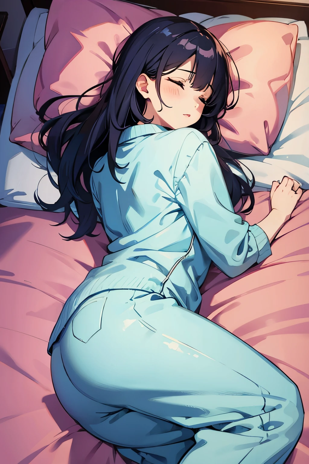 pajamas、Bedroom、Beautiful mature woman、adorable sleeping face、cute、Plump、Sexy、A bird's-eye view、whole body、Butt Emphasis