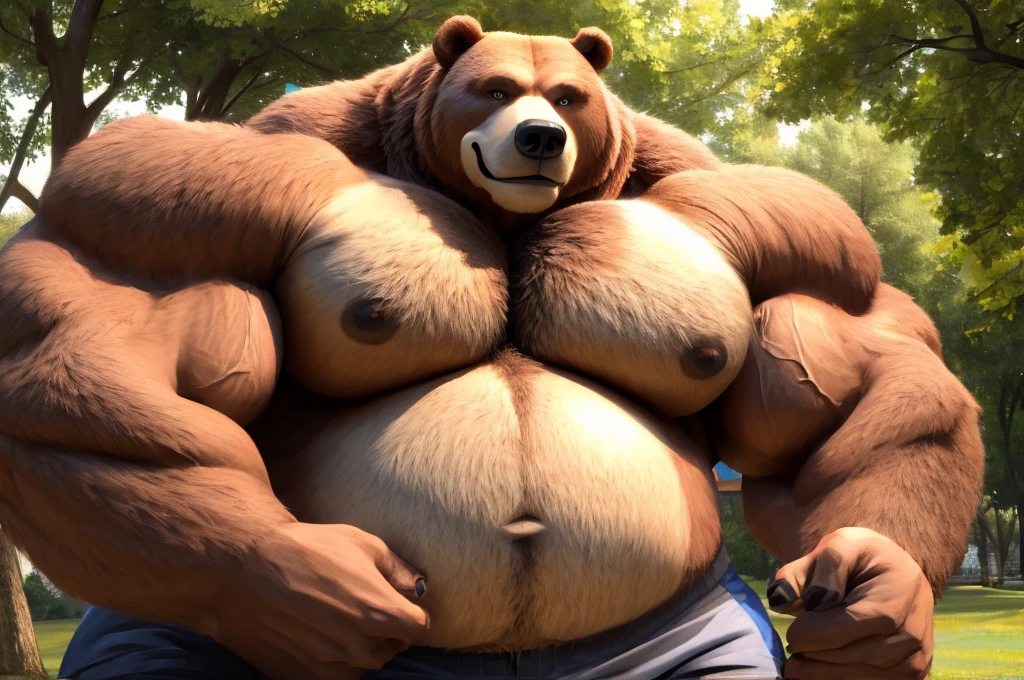 1boy, 1man, solo, (furry bear), chubby, fat belly, huge belly, Park, extremely huge muscular, massive muscular , (topless, shirtless, shorts), well-muscled old man. ((extremely muscle size, super thick arms, huge pec, hyper pec, bigger chest, extremely wide pectoral , huge arms)), wide smiling. Add textures and details to make the image more realistic, such as the appearance of the. Make sure the resulting image is high resolution, 8K quality