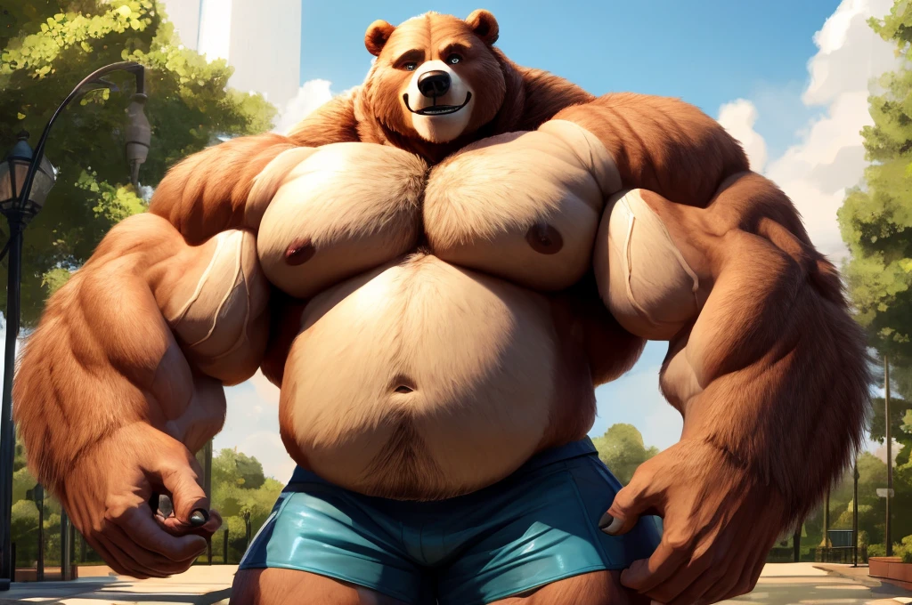 1boy, 1man, solo, (furry bear), chubby, fat belly, huge belly, Park, extremely huge muscular, massive muscular , (topless, shirtless, shorts), well-muscled old man. ((extremely muscle size, super thick arms, huge pec, hyper pec, bigger chest, extremely wide pectoral , huge arms)), wide smiling. Add textures and details to make the image more realistic, such as the appearance of the. Make sure the resulting image is high resolution, 8K quality