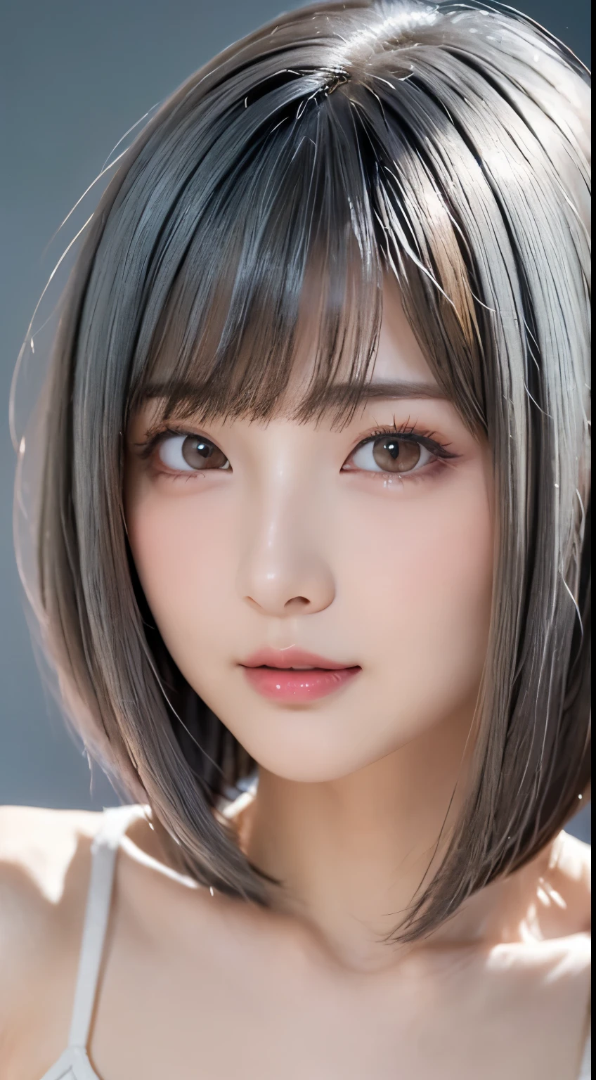 ((Close-up of face:1.6))、((Apply beautiful makeup:1.4))、Natural Shading、((Thin pubic hair))、K-Pop Idols)Calm and goddess-like happiness、Look at the viewer with your whole body、((Small Tits:1.3))、Natural Shading、((Thin pubic hair))、K-Pop Idols)Calm and goddess-like happiness、Look at the viewer with your whole body、((Small Tits:1.3))、Natural Shading、((Thin pubic hair))、K-Pop Idols)Calm and goddess-like happiness、Look at the viewer with your whole body、((Small Tits:1.3))、Natural Shading、((Thin pubic hair))、K-Pop Idols)Calm and goddess-like happiness、Look at the viewer with your whole body、((((Beautiful bob-cut gray hair))))、((White haired Japanese woman)))、(Short bob gray hair:1.5)、masterpiece, Highest quality, 8k, Absurd, (Upper body:1.4), Beautiful girls, Beautiful face, Looking at the audience, Laughter, Surreal, High resolution, picture, Film Grain, chromatic aberration, Sharp focus, High resolution, フェイスLight, Dynamic Lighting, Light, Professional Shadow, Simple Background, (Dull grey background:1.4), Highest detail, Very detailed, Ultra-detailed, In detail, Real Skin, Delicate facial features, Detailed face and eyes, Sharp pupils、Realistic students、(Korean、Japanese、Chinese:0.4)