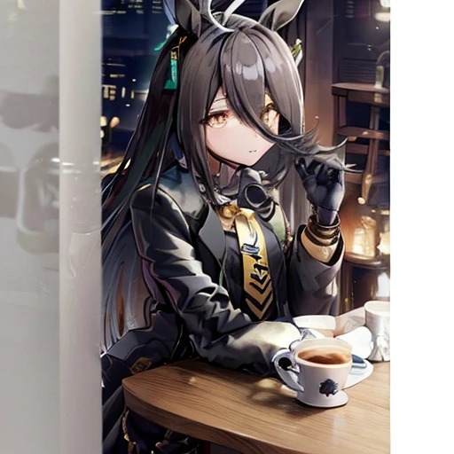 ((Table Top, Best Quality)),(One Girl:1.2),Manhattan Cafe,Manhattan Cafe (Racing Wear),Horse Girl,Horse Ears,Hair Between Eyes,(Alone:1.2),Pantyhose,Long Hair,Black Hair,Black Gloves,Yellow Eyes,Ahoge,Tie,Black Jacket,Skirt,Black Footwear