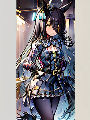 ((masterpiece)), ((best quality)), (solo), Manhattan Cafe, Manhattan Cafe (racing wear),, white ahoge, (long black hair), long black bangs between the eyes,,, black horse ears, horse tail, yellow eyes with no highlights, (((flat chest))), ((black long coat)), ((black shirt)), ((black pantyhose)), ((black skirt)), black gloves, ((yellow tie)), belt,