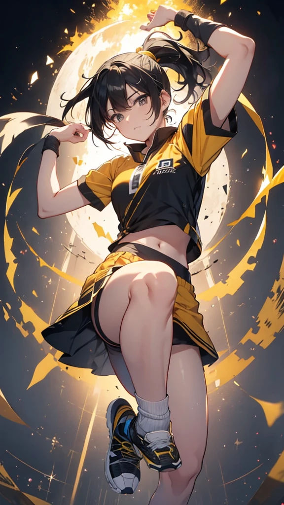 Yellow and black shorts and jersey、Black hair ponytail、boyish、Aliang々Wood Fire、Is doing a roundhouse kick