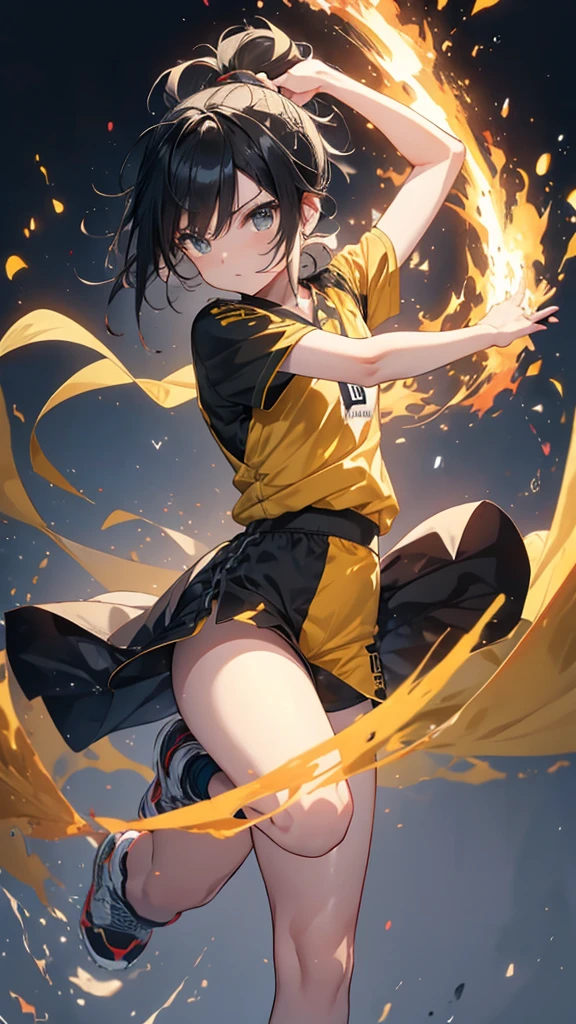 Yellow and black shorts and jersey、Black hair ponytail、boyish、Aliang々Wood Fire、Is doing a roundhouse kick
