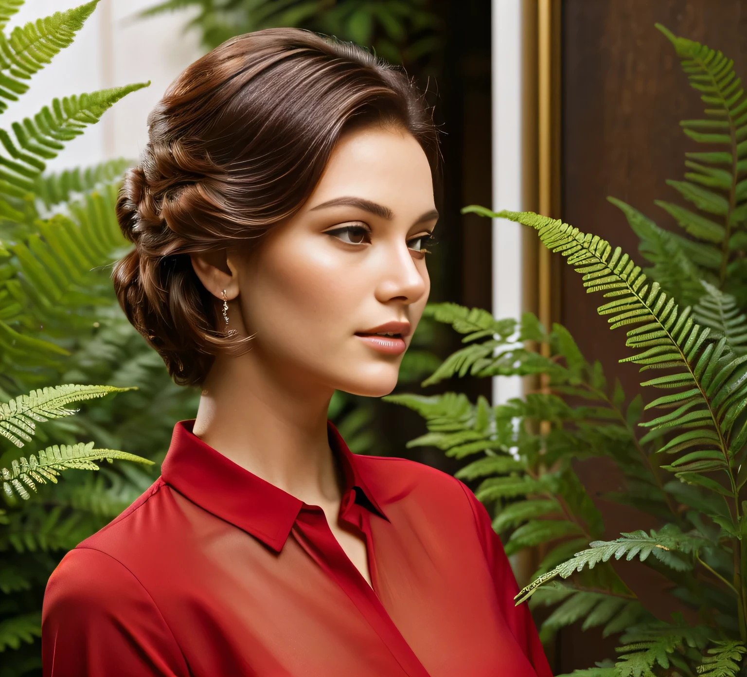 woman in red shirt looking up at a fern in a garden, elegant profile posing, side portrait imagery, elegant profile pose, side profile portrait, beauty shot, side profile centered portrait, profile posing, portrait shot, profile portrait, stunning elegant pose, side profile shot, detailed portrait shot, side profile waist up portrait, short slicked - back hair, profile pose