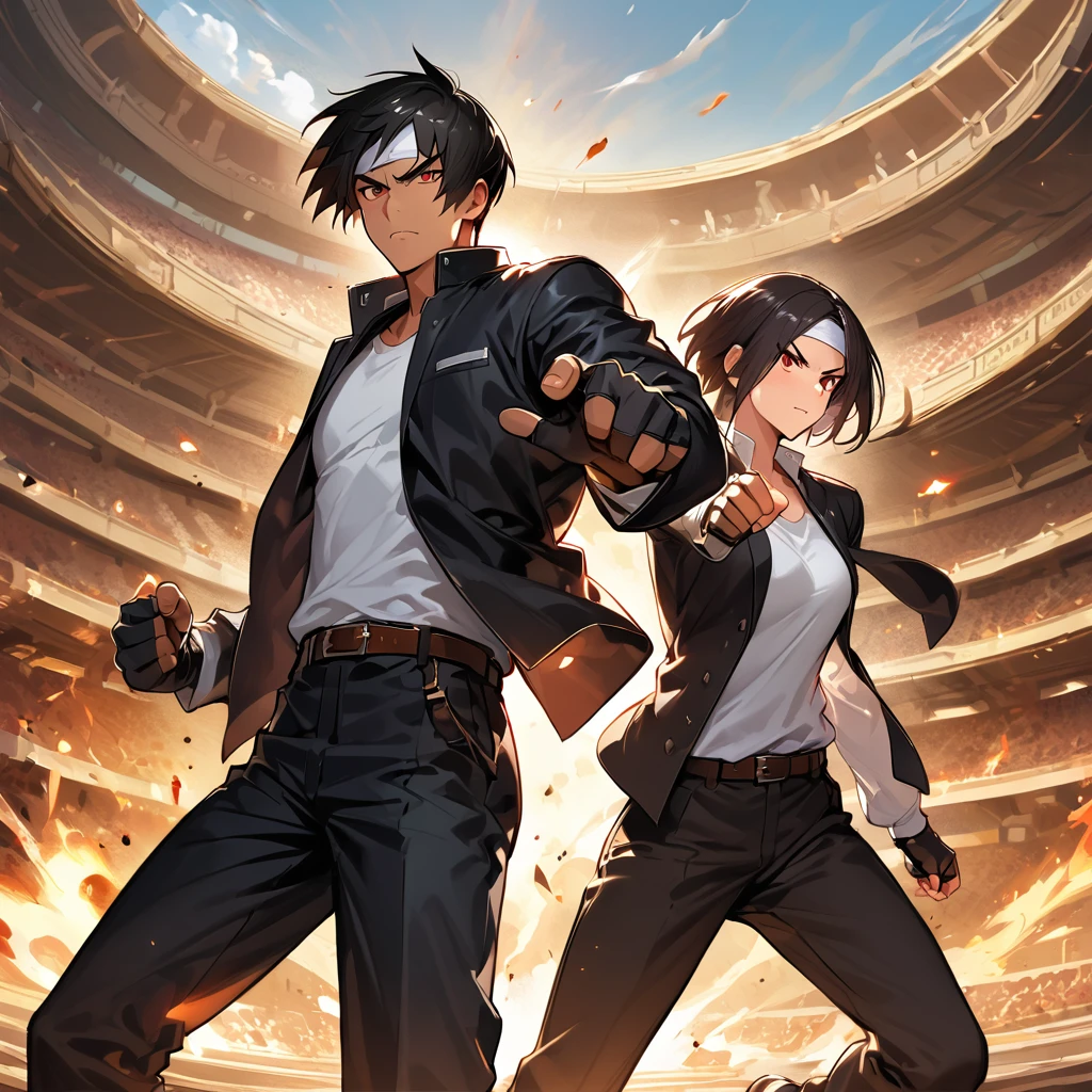 masterpiece、2 people、One to One、Highest quality、8k、Full Hand Portrait、Fighting Pose、Fighting scenes: 1. 5,(kyo kusanagi), Man has black skin、Red eyes, One person, ((white headband)) ツーshot, Black jacket(Roll up your sleeves), Fingerless gloves, Black Hair, White T-shirt, Black trousers, White shoes, Brown belt, boyish, good looking, shot, Charm, masterpiece, High resolution, Detailed face, granular, morning, Confident and serious expression, Fighting man and woman with the Arles amphitheater in the background, much-air-laden cheer, Same hair, Same hairと服, Angry face: 1.Attack Speed 5、Fast Attack、Angry face Angry face