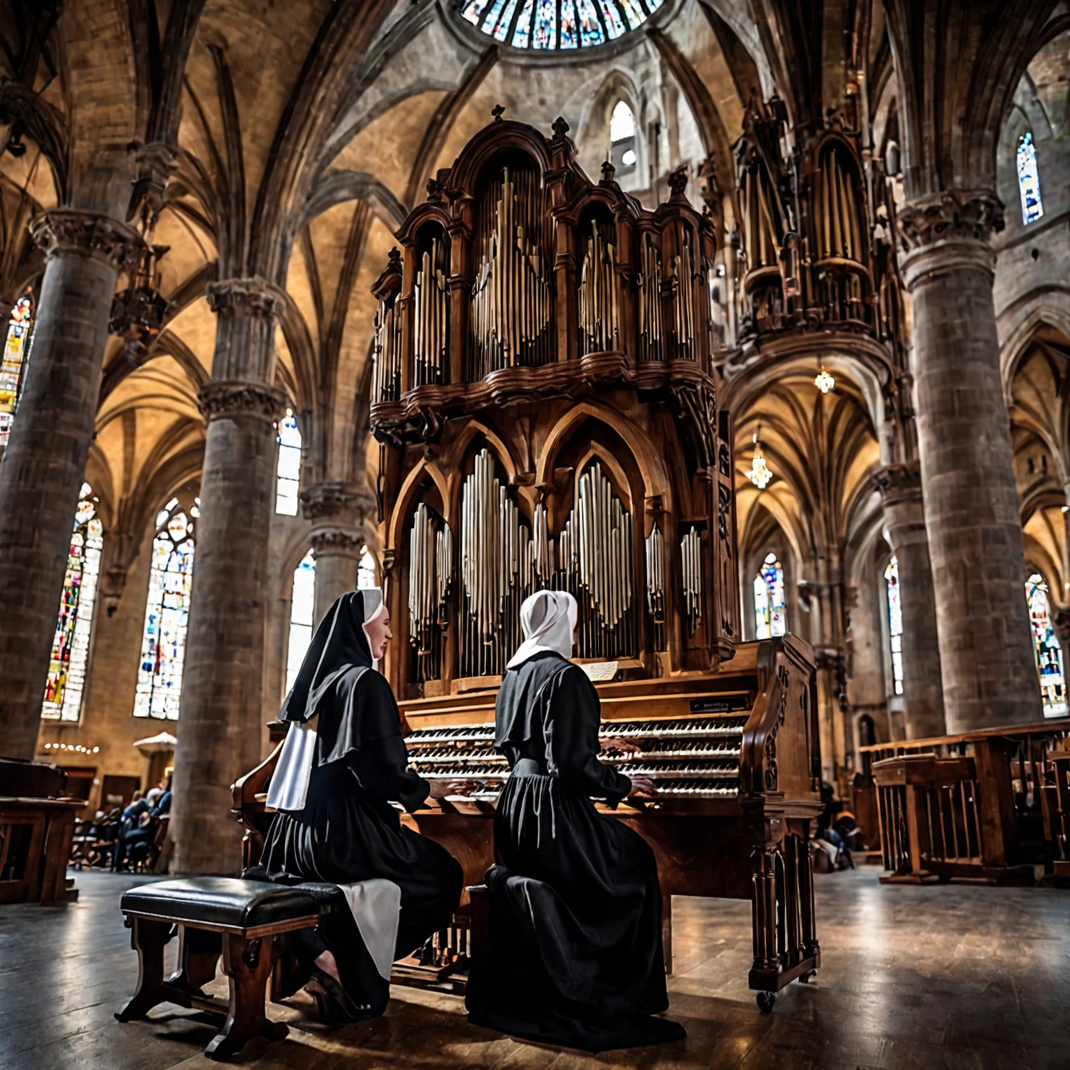 (cyber punk:1.4)、Androidの修道女に焦点を当てた写真、(A nun playing the organ turns around:1.4),(See the viewers:1.4)、 indoor, Realistic landscape, (Android:1.4), Playing the organ, pipe organ, music, close, arch, Chair, Nun's clothing, Very wide shot, Character Photography Portrait, movie, Professional, 4K, Very detailed,