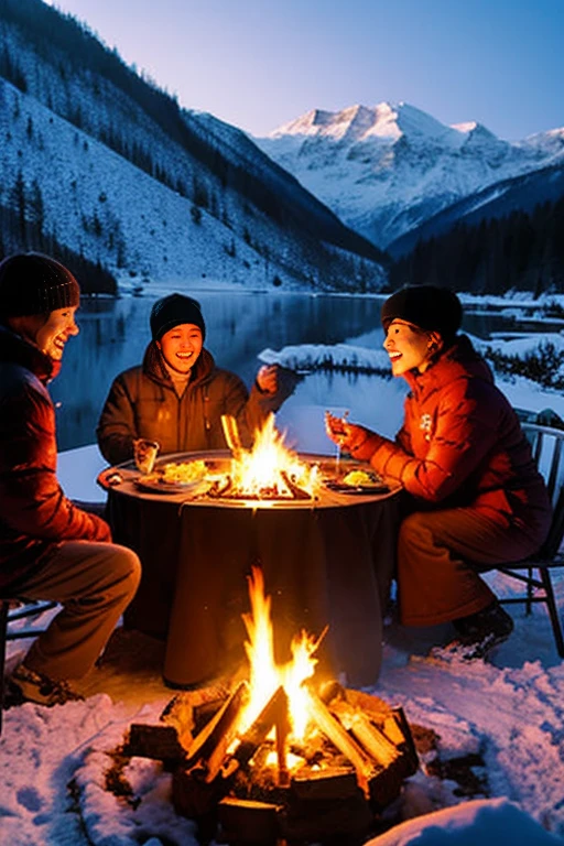 Snowy mountain at night、heavy snow、camp、firewood、Men and women enjoying barbecue