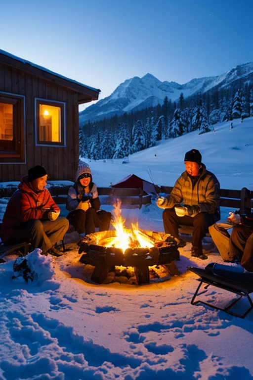 Snowy mountain at night、heavy snow、camp、firewood、Men and women enjoying barbecue