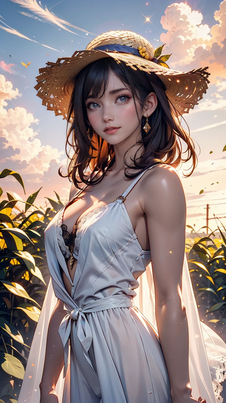 One girl, masterpiece, Very detailed, (Beautiful sparkle), Lens flare, Silver Hair, short hair, Floating Hair, Recall, Behind the back, smile, blue eyes, White Dress, Medium chest, Upper Body, Wide Shot, Straw hat, ((Cornfields to the horizon)), sunrise, cloud, Backlight, Purple Sky, Yellow Sky, Gradient Sky, put your hand on the hat、Sheer lace cape（Fluttering in the wind)