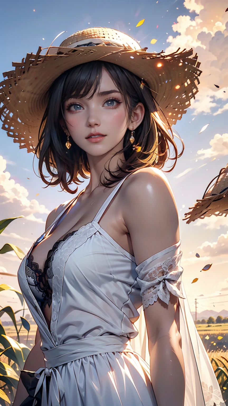 One girl, masterpiece, Very detailed, (Beautiful sparkle), Lens flare, Silver Hair, short hair, Floating Hair, Recall, Behind the back, smile, blue eyes, White Dress, Medium chest, Upper Body, Wide Shot, Straw hat, ((Cornfields to the horizon)), sunrise, cloud, Backlight, Purple Sky, Yellow Sky, Gradient Sky, put your hand on the hat、Sheer lace cape（Fluttering in the wind)