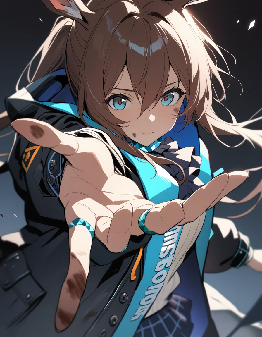 1girl, amiya \(arknights\), arknights, dirty face, outstretched hand, close-up, cinematic angle, foreshortening, dark, dark background, masterpiece, best quality