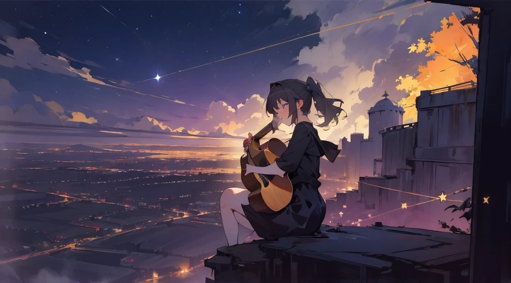 masterpiece,night,(dark alley),star、Night Sky、Overlooking the city、milky way、octone、
(1 girl), (solo), Knee hugging sitting，acousticguitar