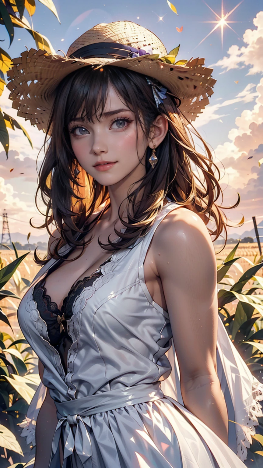 One girl, masterpiece, Very detailed, (Beautiful sparkle), Lens flare, Silver Hair, short hair, Floating Hair, Recall, Behind the back, smile, blue eyes, White Dress, Medium chest, Upper Body, Wide Shot, Straw hat, ((Cornfields to the horizon)), sunrise, cloud, Backlight, Purple Sky, Yellow Sky, Gradient Sky, put your hand on the hat、Sheer lace cape(Fluttering in the wind)