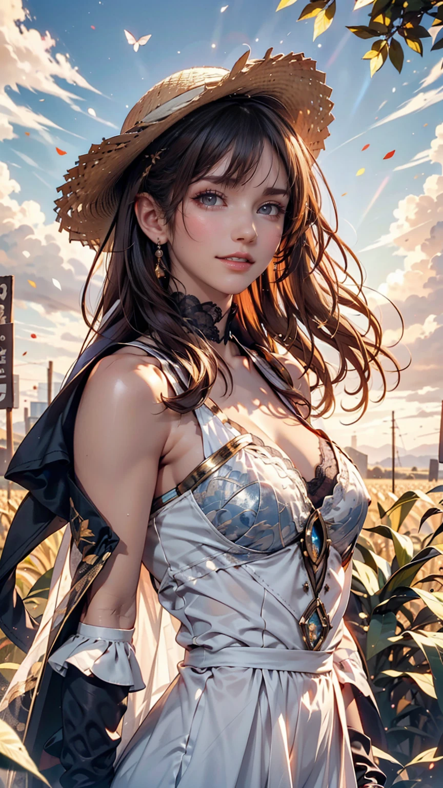 One girl, masterpiece, Very detailed, (Beautiful sparkle), Lens flare, Silver Hair, short hair, Floating Hair, Recall, Behind the back, smile, blue eyes, White Dress, Medium chest, Upper Body, Wide Shot, Straw hat, ((Cornfields to the horizon)), sunrise, cloud, Backlight, Purple Sky, Yellow Sky, Gradient Sky, put your hand on the hat、Sheer lace cape(Fluttering in the wind)