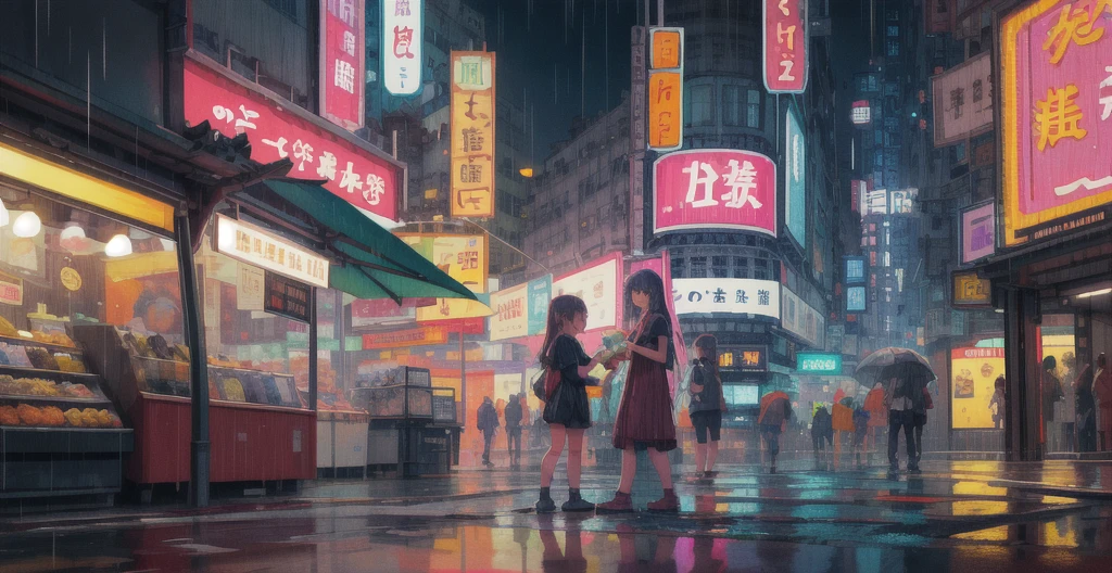 (Pixel art_1.1)One girl,Very long hair,night,street,kitten,Small puddle,rain,Neon Light,Hongkong,cyber punk,Eating a popsicle,Insert pocket,strap,Short sleeve,white