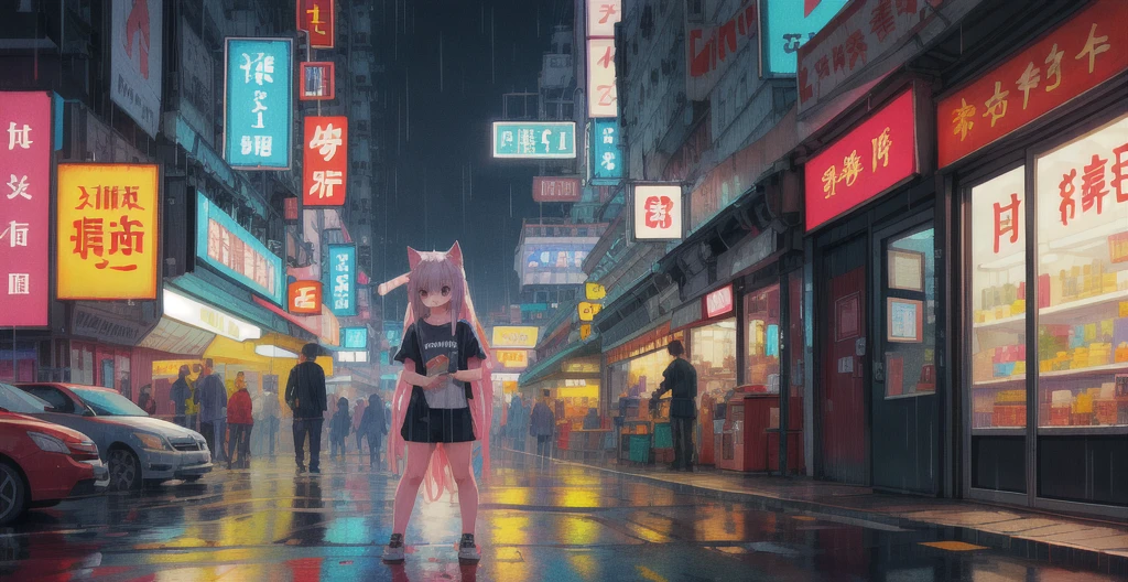 (Pixel art_1.1)One girl,Very long hair,night,street,kitten,Small puddle,rain,Neon Light,Hongkong,cyber punk,Eating a popsicle,Insert pocket,strap,Short sleeve,white