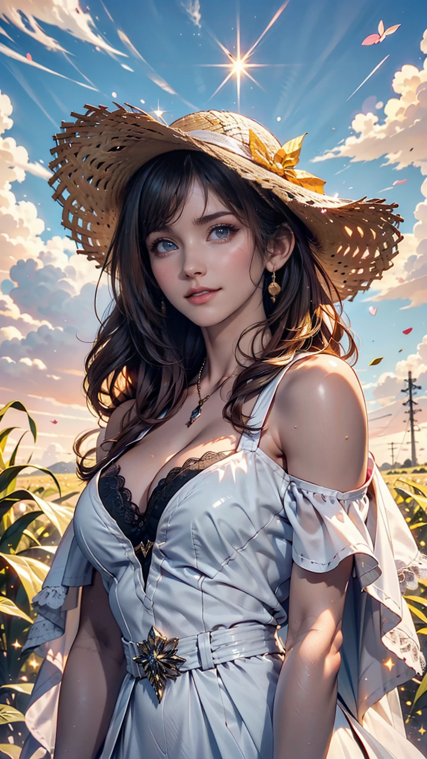 One girl, masterpiece, Very detailed, (Beautiful sparkle), Lens flare, Silver Hair, short hair, Floating Hair, Recall, Behind the back, smile, blue eyes, White Dress, Medium chest, Upper Body, Wide Shot, Straw hat, ((Cornfields to the horizon)), sunrise, cloud, Backlight, Purple Sky, Yellow Sky, Gradient Sky, put your hand on the hat、Sheer lace cape（Fluttering in the wind)