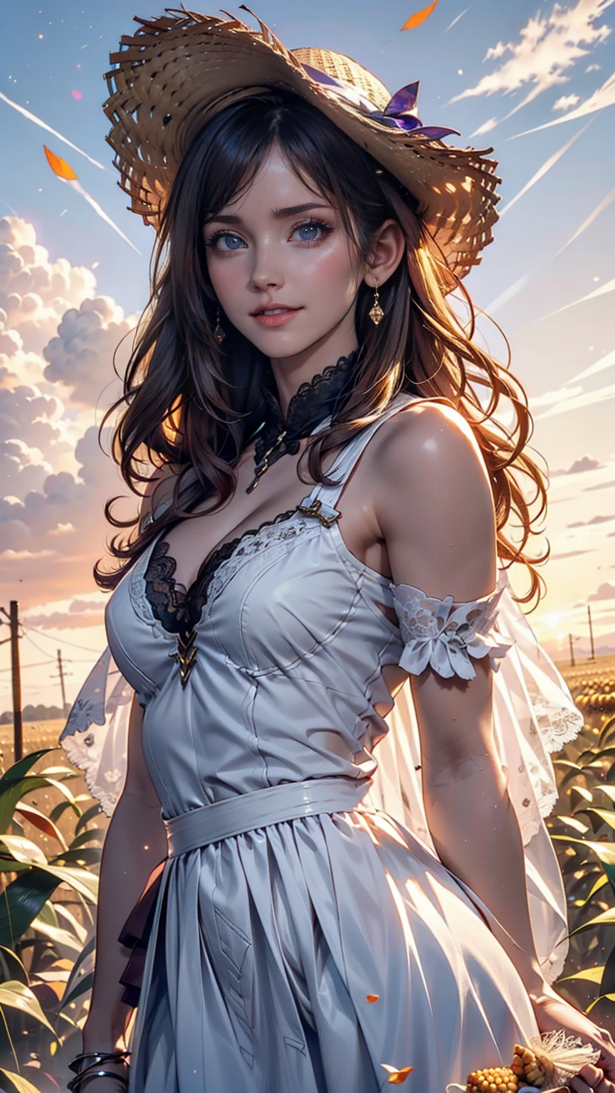 One girl, masterpiece, Very detailed, (Beautiful sparkle), Lens flare, Silver Hair, short hair, Floating Hair, Recall, Behind the back, smile, blue eyes, White Dress, Medium chest, Upper Body, Wide Shot, Straw hat, ((Cornfields to the horizon)), sunrise, cloud, Backlight, Purple Sky, Yellow Sky, Gradient Sky, put your hand on the hat、Sheer lace cape(Fluttering in the wind)