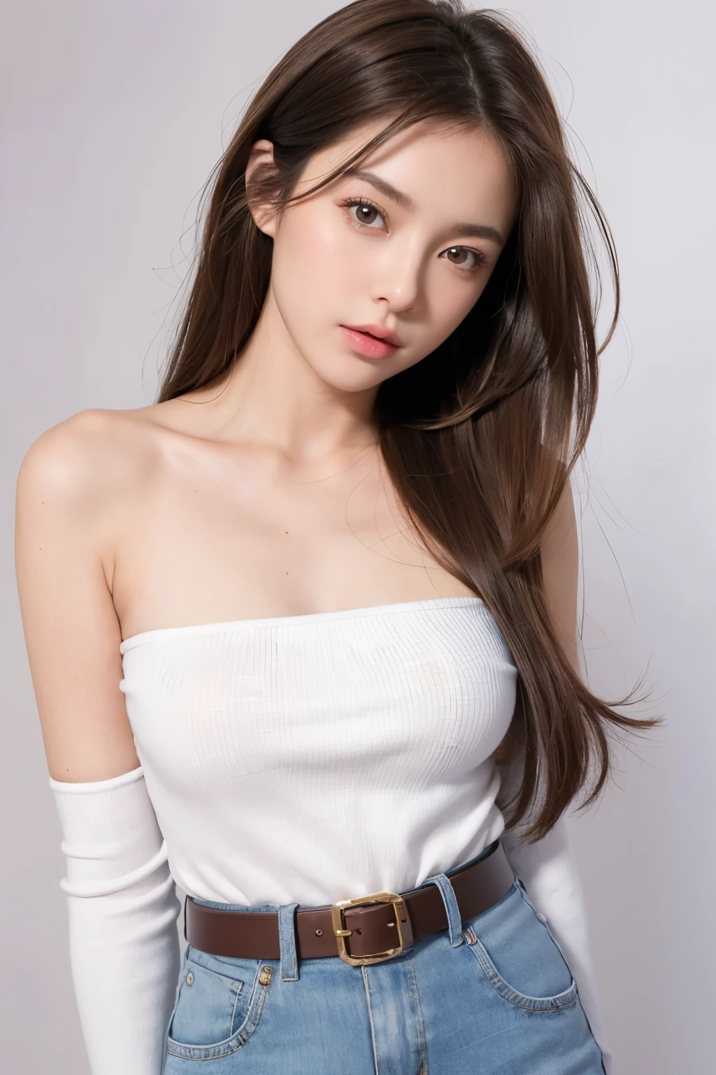 (1girl), masterpiece, best quality, an extremely sexy , highly detailed beautiful face, looking at viewer, 1girl, belt, looking at viewer, 4k, high res, ribbon, firis mistuld, blush, pov, straight hair, white background, simple background, thick outline, purple eyes, (sleep), brown hair, love expression, ((brown hair)),