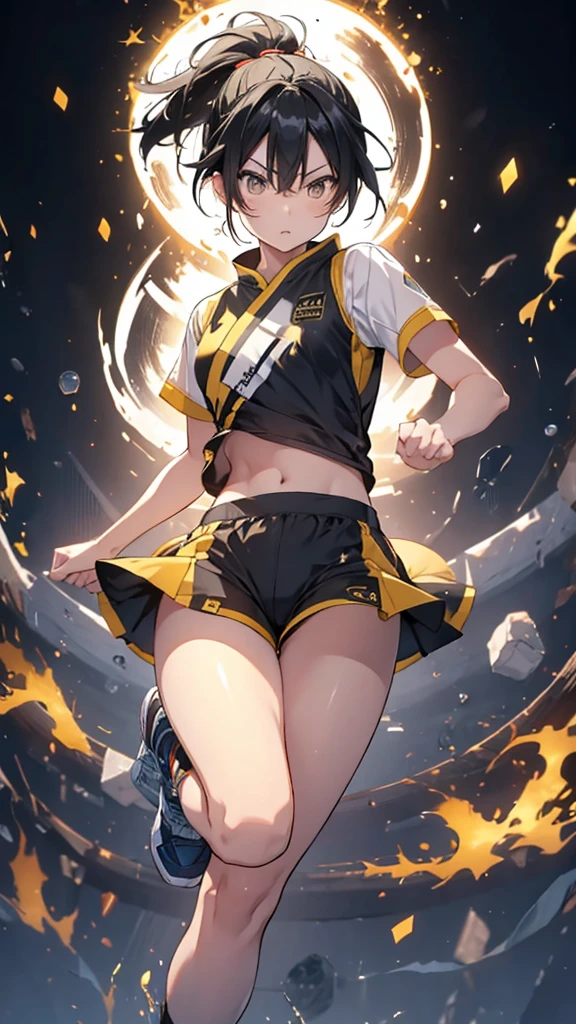 Yellow and black shorts and jersey、Black hair ponytail、boyish、Aliang々Wood Fire、Is doing a roundhouse kick