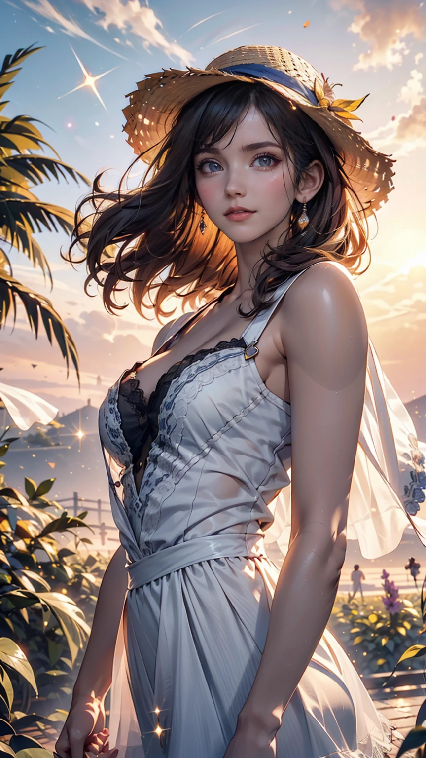 One girl, masterpiece, Very detailed, (Beautiful sparkle), Lens flare, Silver Hair, short hair, Floating Hair, Recall, Behind the back, smile, blue eyes, White Dress, Medium chest, Upper Body, Wide Shot, Straw hat, ((Cornfields to the horizon)), sunrise, cloud, Backlight, Purple Sky, Yellow Sky, Gradient Sky, put your hand on the hat、Sheer lace cape(Fluttering in the wind)