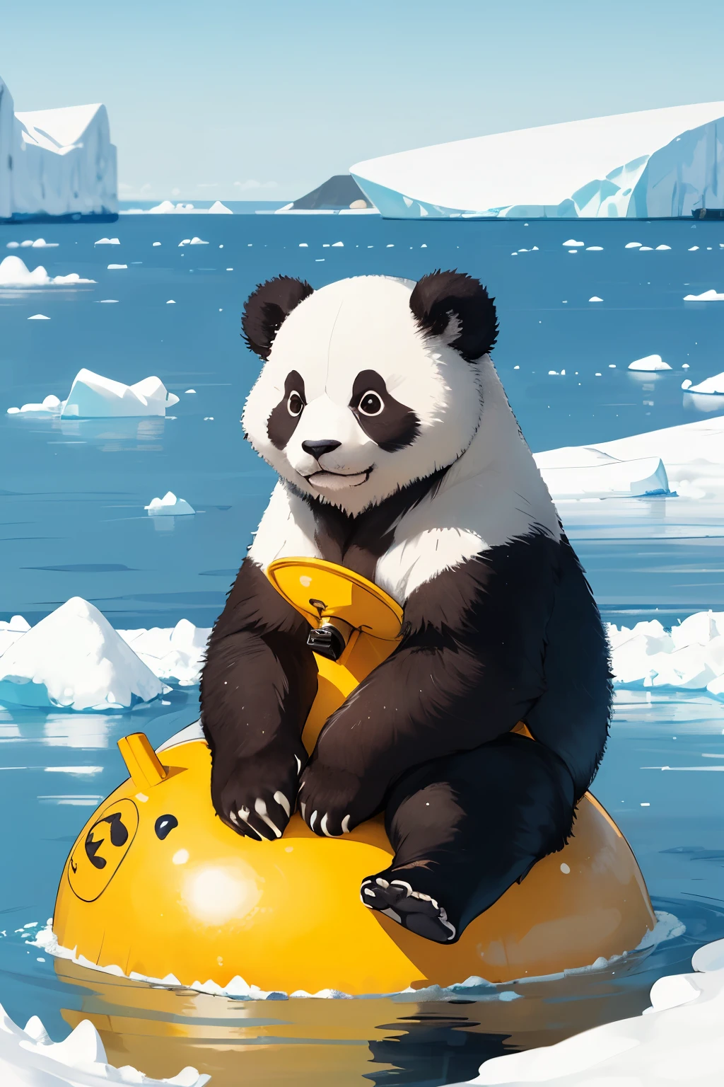 ((best quality)), ((masterpiece)), (detailed), A cute panda is sitting on a yellow buoy above the blue sea at the North Pole, view of icebergs and snow