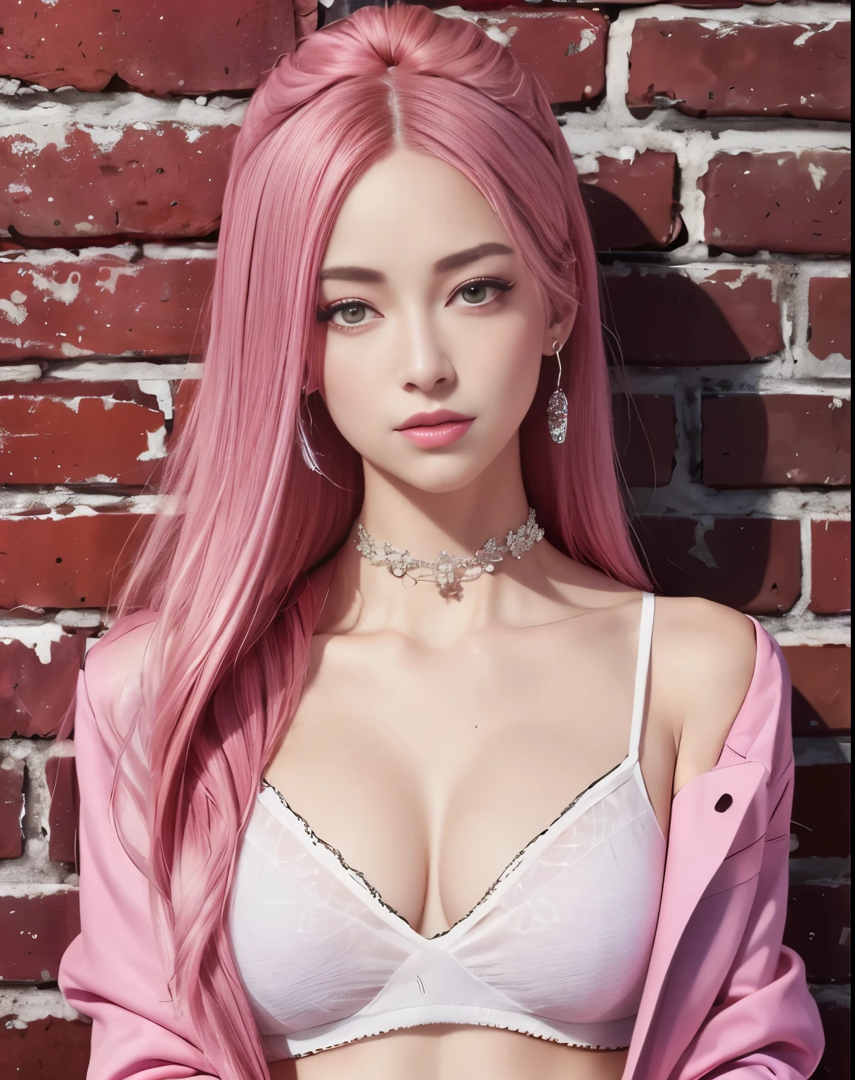 (masterpiece, best quality, 1 woman, alone, intricate details, chromatic aberration), realistic, ((middle breath)),long hair, pink hair, red headdress, pink highlights, hair above one eye,purple eyes, earring, piercer, choker, neon shirt, open jacket, cropped turtleneck sweater,open waist,(perfectly symmetrical body),on the wall, brick wall, Doodle, dim lighting, alley ,look at the viewer