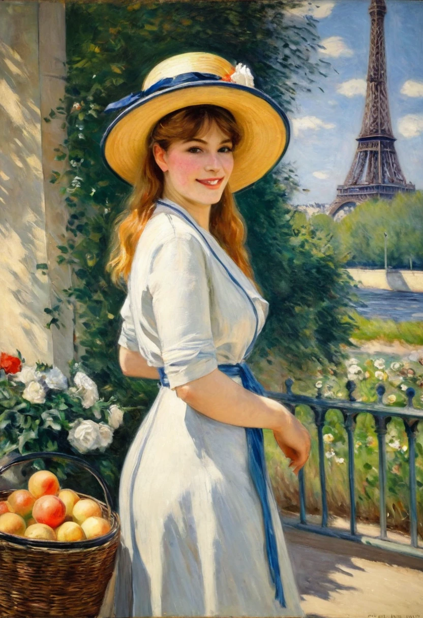 A Peinture of Paris in early 1913 under the sun during the Impressionist era, a realistic Peinture like the Impressionist masters Manet, Beaucoup, Renoir, Cézanne, Degas et Berthe Morisot. ((une jeune femme, Longue robe, fleurs et dentelle, bottes, petit chapeau rond en paille "canotier" style comme Maurice Chevalier ou "Gabrielle Chanel" avec des rubans et des fleurs:1.1)), très belle jeune, Visage frais, magnifique, yeux complexes, caractéristiques symétriques, yeux sombres maquillés, petit nez, parfait, parfois des lèvres boudeuses, souhaitable, aimable, visage féminin réaliste, souriant, pur, un éclairage digne des peintres Renoir, Manet, Beaucoup, Cézanne, Impressionist Peintures in summer. arrière-plan ((Paris, avec ses très larges boulevards haussmanniens)), Peintures in soft, couleurs pastel et chaudes, quelques calèches, ((automobiles anciennes)) comme Decauville, renault, Lozier, Panhard. arrière-plan view of the Eiffel Tower, générer des piétons bien dessinés avec des, parfait, des visages beaux et pointus, redingotes, chapeaux melon en feutre, "canotier" chapeaux de paille, chapeaux haut-de-forme, certains ouvriers avec des casquettes, petits métiers, une image d&#39;une ville d&#39;avant la Première Guerre mondiale avec de grands immeubles de style haussmannien sur de très larges, des boulevards vivants et dynamiques. Aucune image recadrée, 32k, 3D, HD, Huile_Peinture