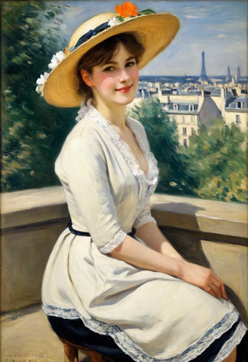 A Peinture of Paris in early 1913 under the sun during the Impressionist era, a realistic Peinture like the Impressionist masters Manet, Beaucoup, Renoir, Cézanne, Degas et Berthe Morisot. ((une jeune femme, Longue robe, fleurs et dentelle, bottes, petit chapeau rond en paille "canotier" style comme Maurice Chevalier ou "Gabrielle Chanel" avec des rubans et des fleurs:1.1)), très belle jeune, Visage frais, magnifique, yeux complexes, caractéristiques symétriques, yeux sombres maquillés, petit nez, parfait, parfois des lèvres boudeuses, souhaitable, aimable, visage féminin réaliste, souriant, pur, un éclairage digne des peintres Renoir, Manet, Beaucoup, Cézanne, Impressionist Peintures in summer. arrière-plan ((Paris, avec ses très larges boulevards haussmanniens)), Peintures in soft, couleurs pastel et chaudes, quelques calèches, ((automobiles anciennes)) comme Decauville, renault, Lozier, Panhard. arrière-plan view of the Eiffel Tower, générer des piétons bien dessinés avec des, parfait, des visages beaux et pointus, redingotes, chapeaux melon en feutre, "canotier" chapeaux de paille, chapeaux haut-de-forme, certains ouvriers avec des casquettes, petits métiers, une image d&#39;une ville d&#39;avant la Première Guerre mondiale avec de grands immeubles de style haussmannien sur de très larges, des boulevards vivants et dynamiques. Aucune image recadrée, 32k, 3D, HD, Huile_Peinture